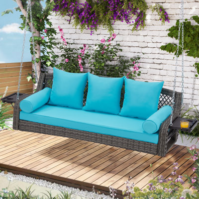 Balancelle de patio 3 places, balançoire de patio en osier avec porte-gobelets et 3 coussins de dossier, balançoire de cour avec chaînes pour la cour de jardin, rotin gris à double nervures, coussin, 56 pouces