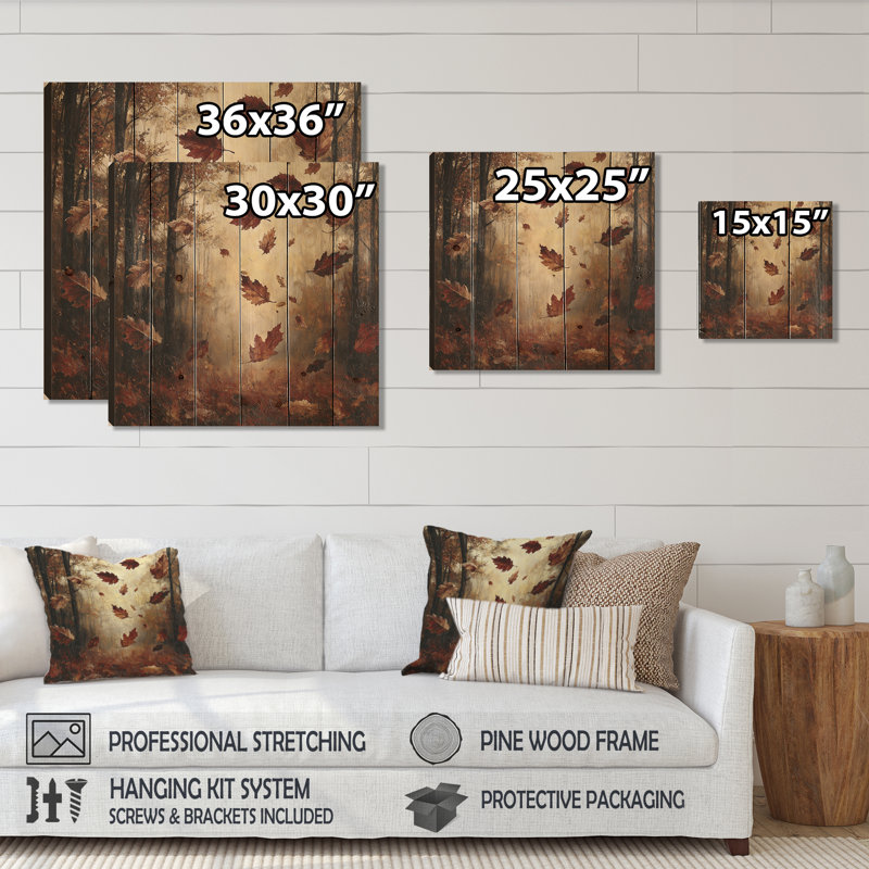 Brown Falling Oak Leaves - Leaves  Wood Wall Decor - On Natural Pine Wood, 30" H x 30" W x 0.78" D