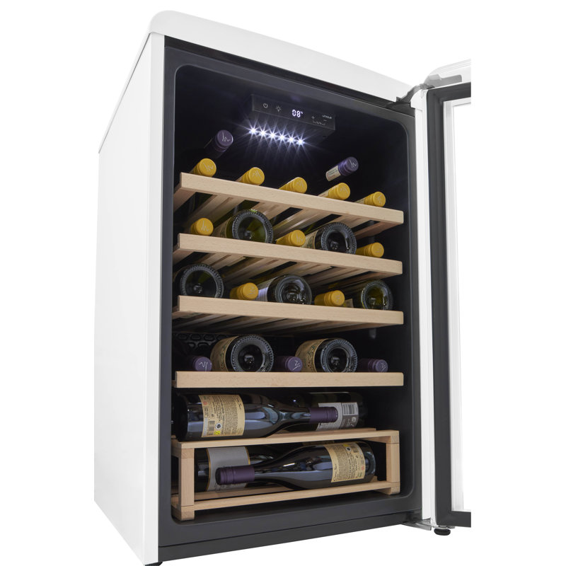 Classic Retro 28 Bottle Freestanding Single Zone Wine Cooler with Wood Shelves, Marshmallow White