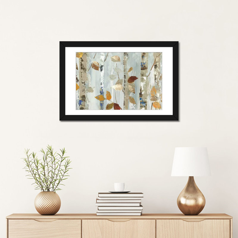« leaves on bouleau », reproduction d’impression sur toile tendue, Papier beaux-arts encadré noir, H 24 po x l 32 po x P 1 po