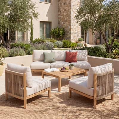 Ensemble de canapés de patio 4 pièces Modern, corde en bois d'acacia, patio spacieux