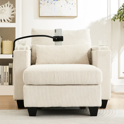 37.4" Convertible Chaise Lounge Chair In Beige Corduroy, With Ports, Cup Holders, Hidden Armrest Storage And Supportive Lumbar Pillow Side Organizers