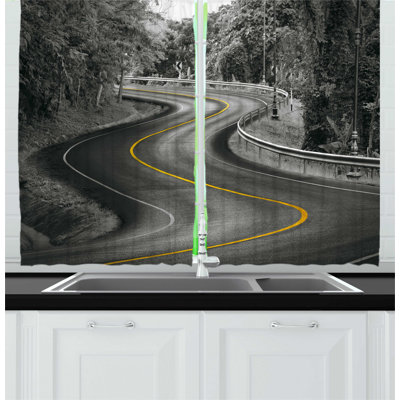 2 Piece Curvy Asphalt Road with Line in Middle Nature Forest Trees Kitchen Curtain -  East Urban Home, E72F99F653C0453B89223091E8C2E2B3