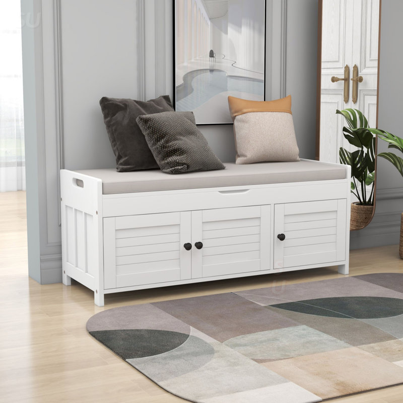 Banc de rangement rustique avec portes à volets, coussin amovible et compartiments cachés pour une utilisation polyvalente à la maison