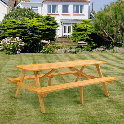 Wooden Brown 8 Person Picnic Table, Outdoor Camping Dining Table With 2 Seats Garden Diy With 2 Built-In Benches 2220Lb Capacity