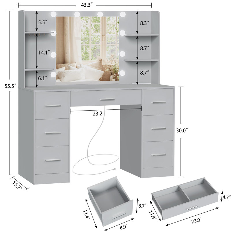 Camyla Makeup Vanity Table with LED Lighted Mirror, Power Outlet, Drawers,Shelves,5 Jewelry Hooks, Gray, 7