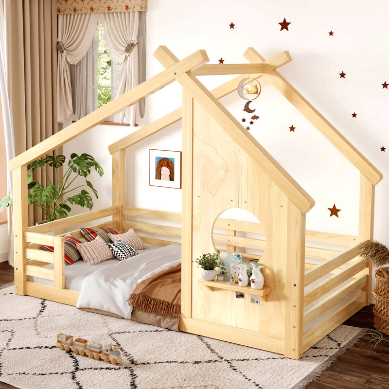 Lit simple au sol avec fenêtre et petite tablette, lit en bois massif avec toit en forme de maison, Lit simple, Naturel