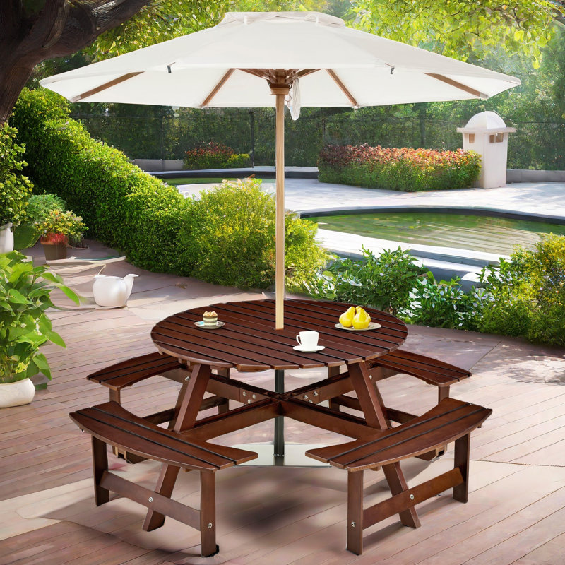 Karabella Outdoor 8-person Dining Sets With 4 Built-in Benches And Umbrella Hole, Brown