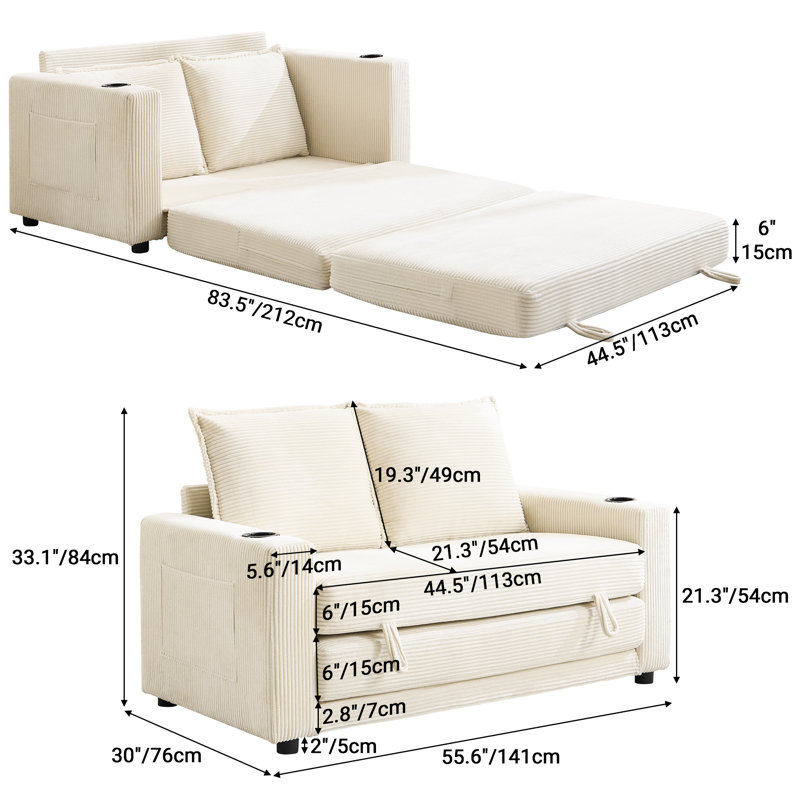 55.6 " Corduroy Sofa Bed Reclining, Blanc