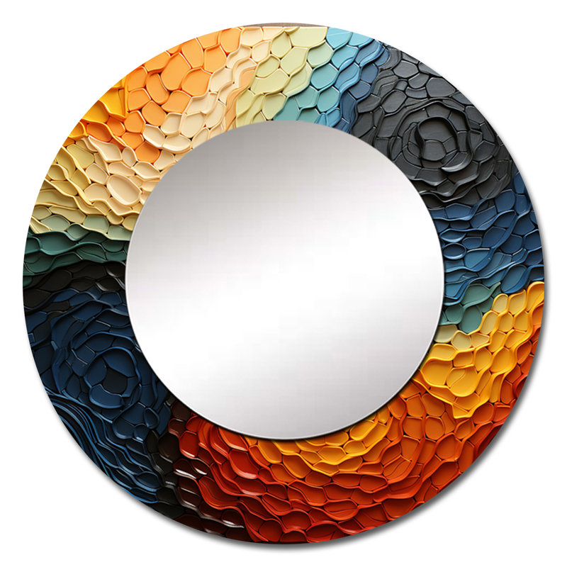 Teal Orange Op Art Rhythmic Illusion I - Abstract Spirals Round Mirror For Wall Decor, 23" x 23"