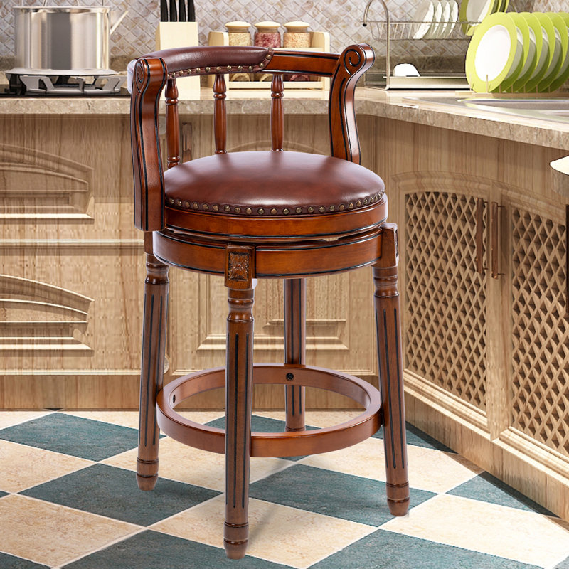 Sturdivant Genuine Leather Swivel Wooden, Bar Stool (29" Seat Height), Brown Leather/ Brown Frame