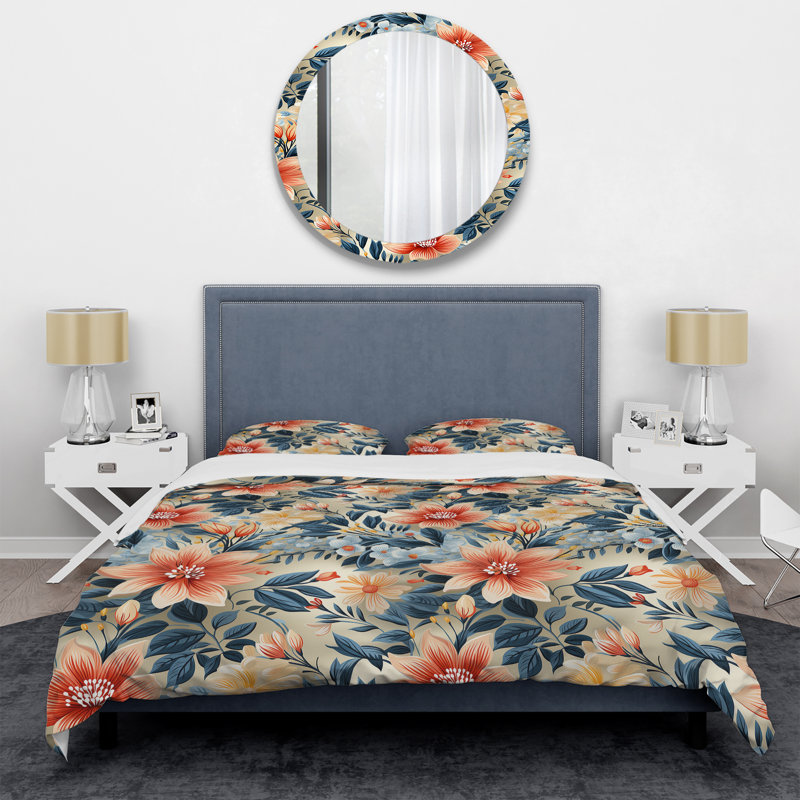 Warm Terracotta & Blue Floral Botanical Pattern II - Ensemble de housse de couette à motif floral