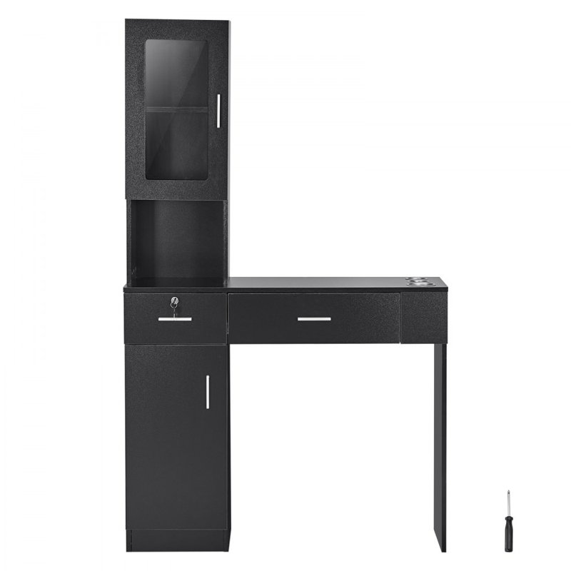 Poste de travail de salon, unité murale pour les professionnels de la coiffure, solution de rangement de style spa, comprend 1 armoire, 3 tablettes, 2 tiroirs (1 avec serrure)