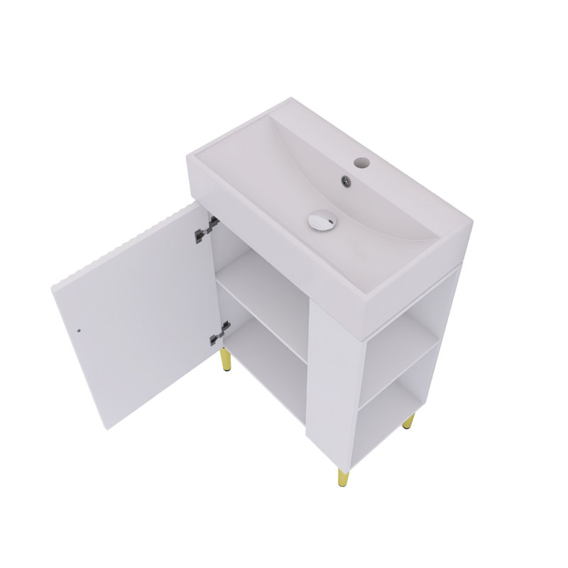 Meuble-lavabo autoportant de 22 po avec lavabo simple en céramique et porte à fermeture en douceur, rangement sur le côté droit