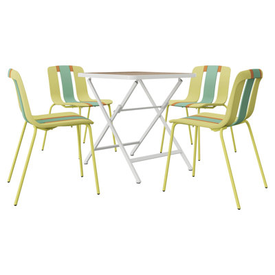 Ensemble de salle à manger moderne pour l'extérieur toutes saisons avec accoudoirs en PP de couleur rayée et table carrée avec structure en métal Osta