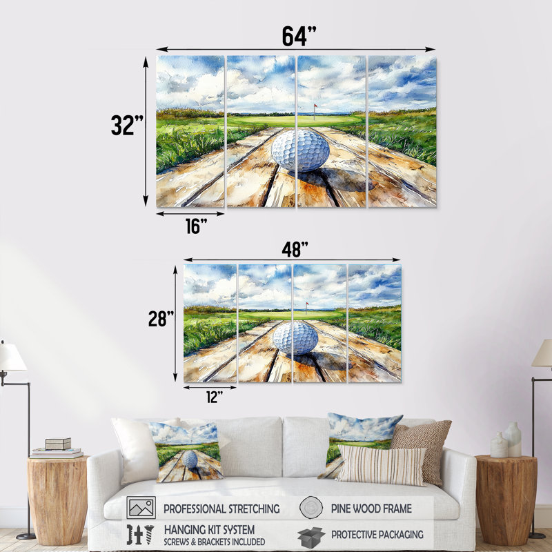 «Greens and Dreams Golf pratique Landscape II» - art mural golf - décoration murale moderne, H 32 po x l 64 po, 4