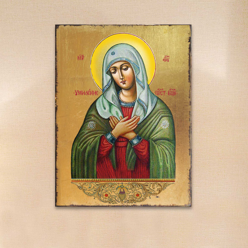Tendresse de la mère de Dieu - peinture sur bois, L 18 po x H 24 po