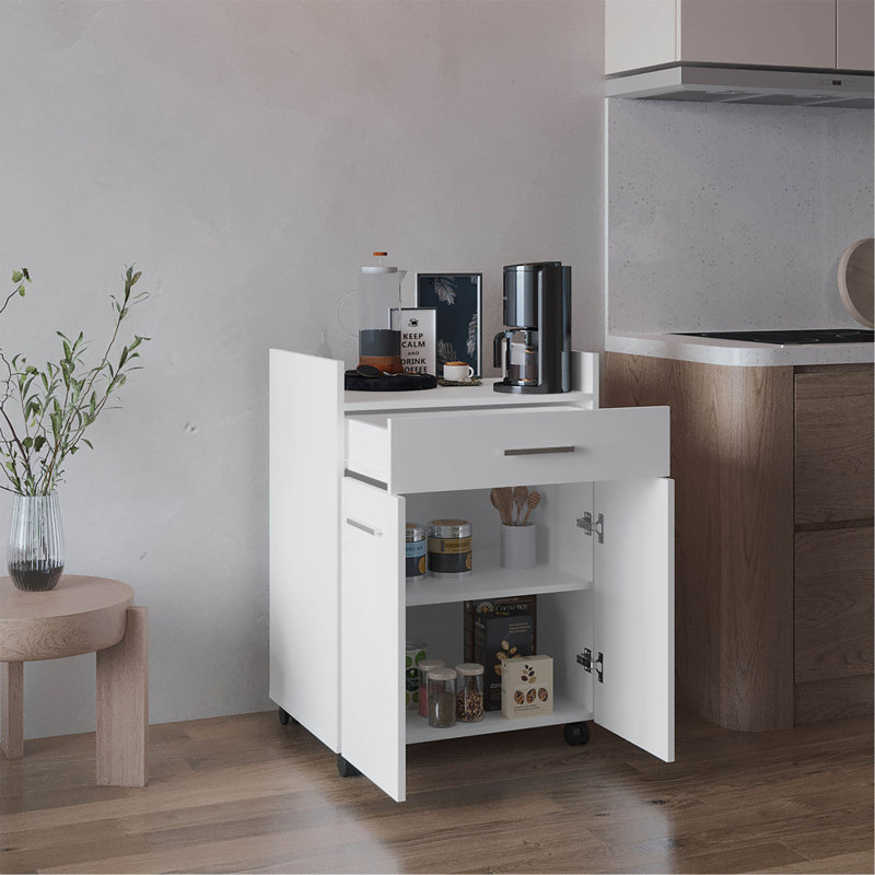 Chariot de cuisine, 2 portes, 1 tiroir, 4 roues, 2 tablettes, blanc