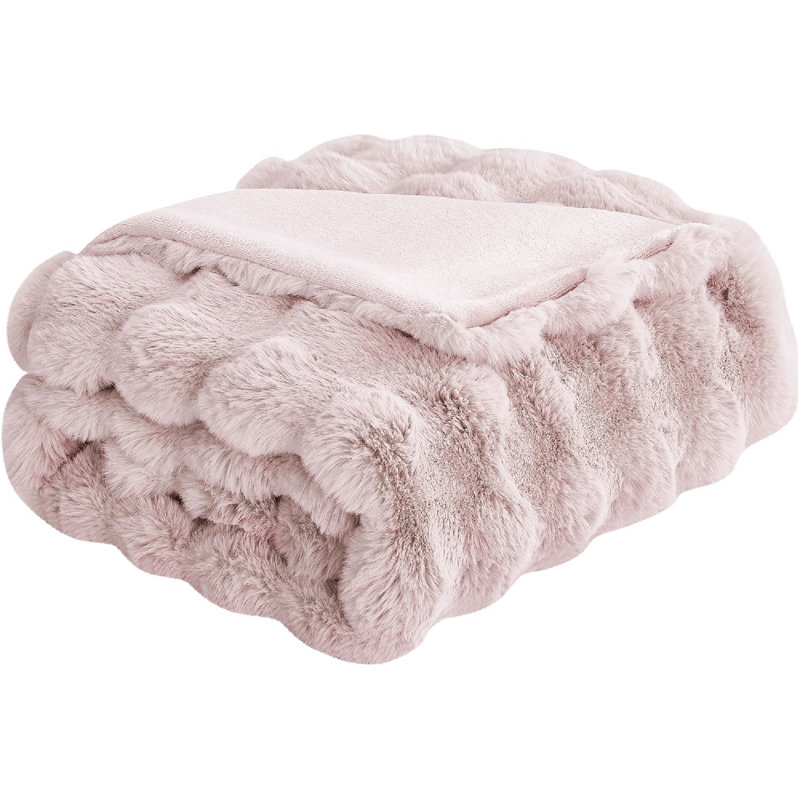 Haalan Cozy Faux Rabbit Fur Soft Reversible Throw Blanket, Twin, Flesh Pink