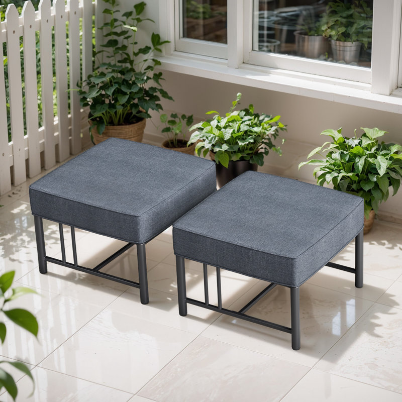 Coan Archlebov Outdoor Patio Ottomans With 5" Thick Cushion (Set Of 2), Gray Cushion/Black Frame