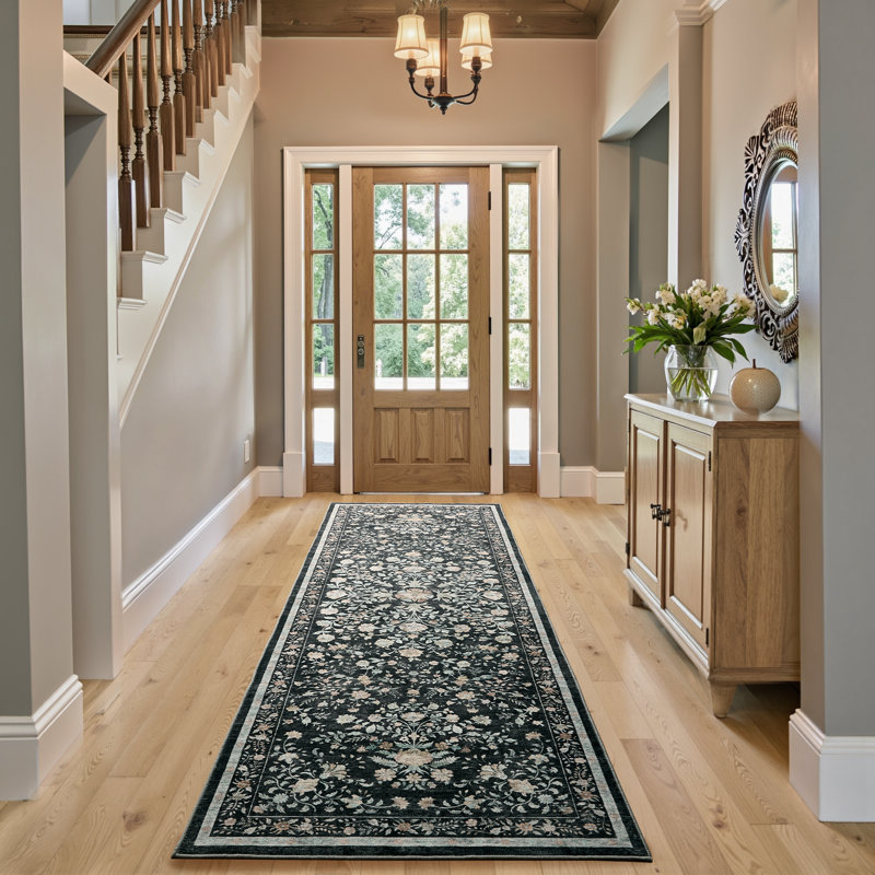 Machine Washable Floral Area Rug with Non-Slip Backing, Oriental Inspired Vintage Design for Living Room, Bedroom, Dining Room, and Home Office