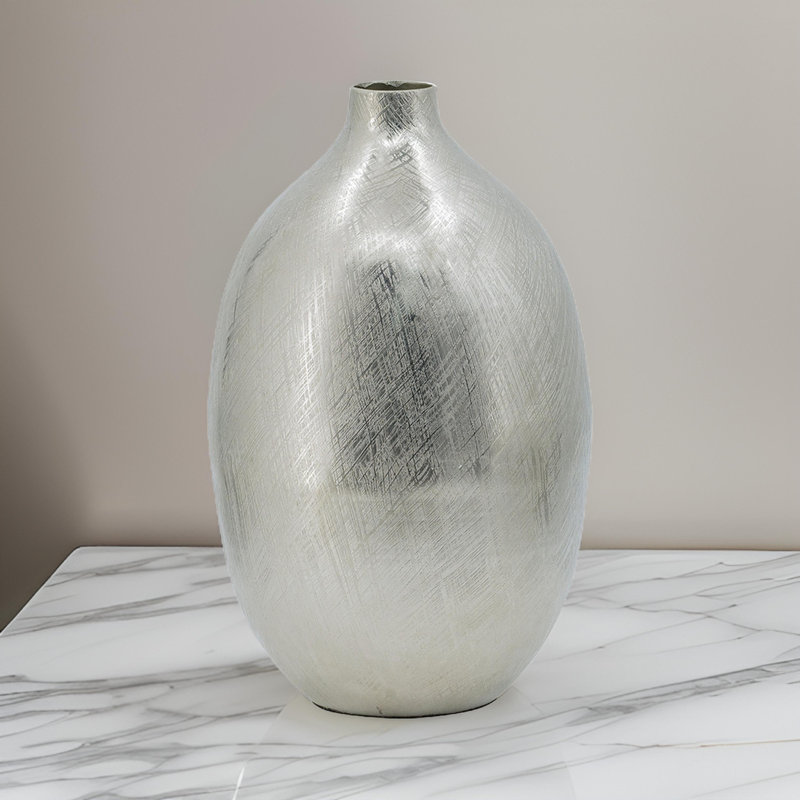 Metal Table Vase, 13.8" H x 8.7" W x 8.7" D, Silver Streaks