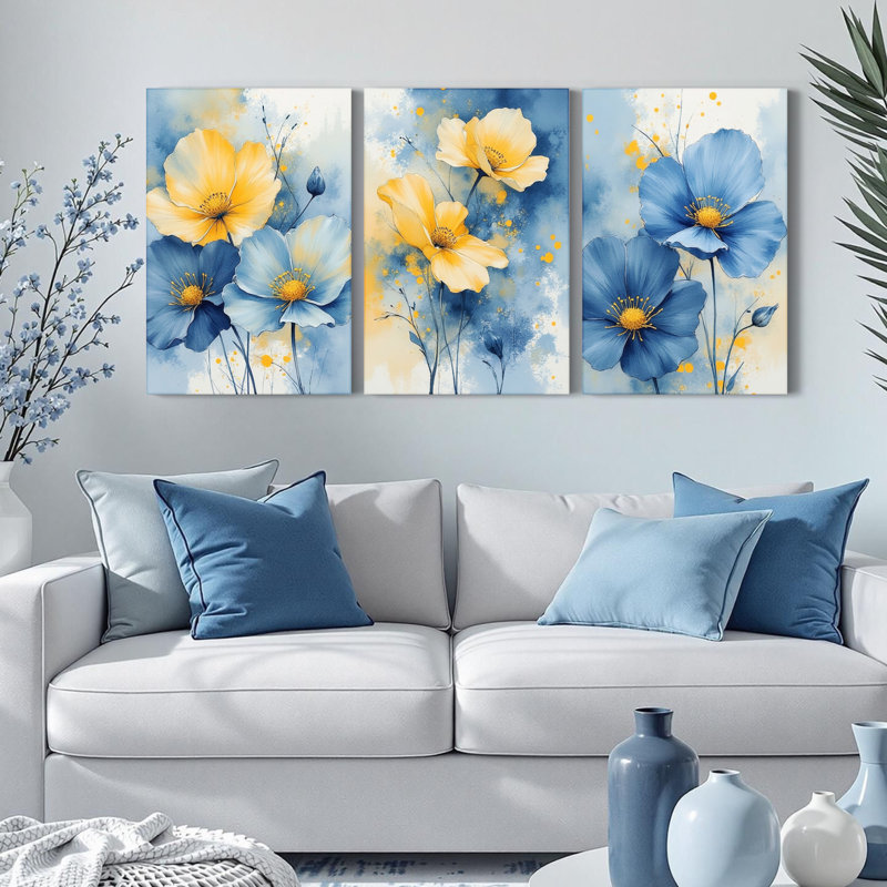 «Blue and Yellow Floral», reproduction d'art sur toile abstraite (ensemble de 3), H 24 po x l 48 po