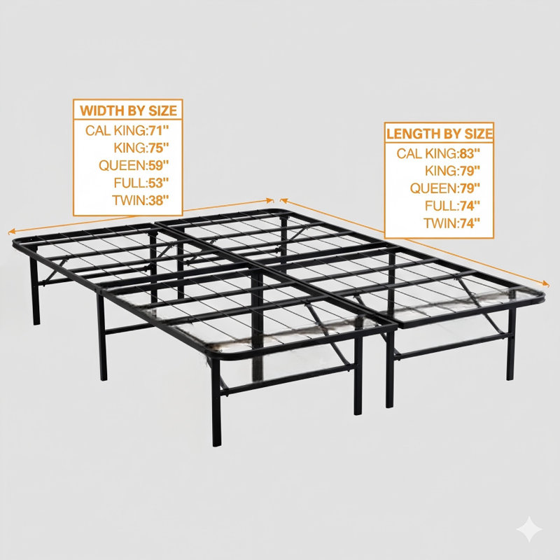 Cadre de lit plateforme grand en métal pliable avec une hauteur de 14 pouces, servant de remplacement de sommier. Comprend des lattes en acier robustes pour un assemblage facile et un rangement noir sous le lit.