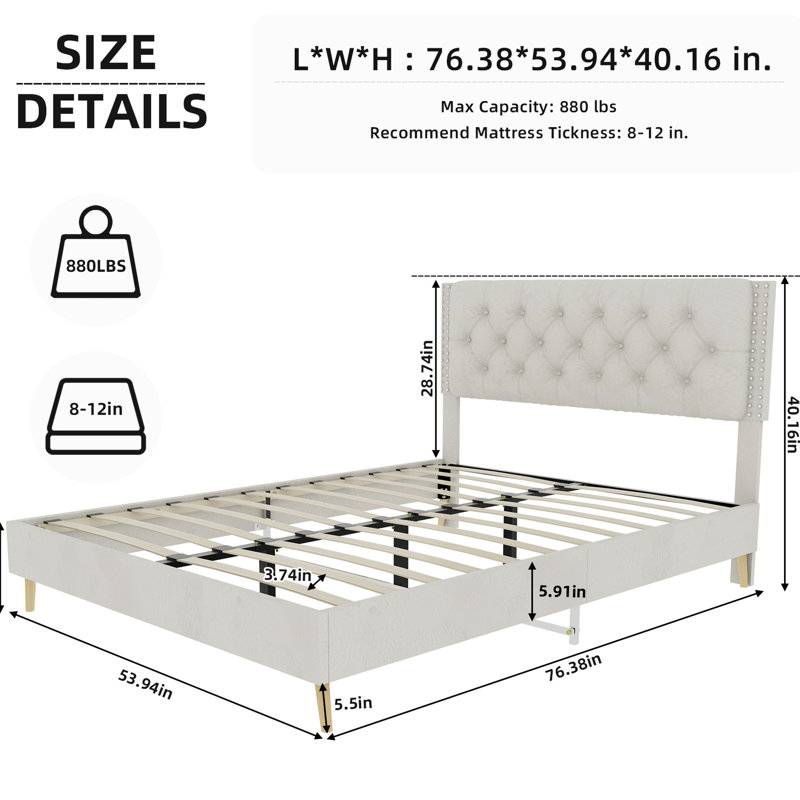 Beige, lit double, tête de lit, support d'écurie, rembourrage, base de lit tapissier beige simple et élégante, bois de peuplier, revêtement en velours, convient à la chambre d'amis