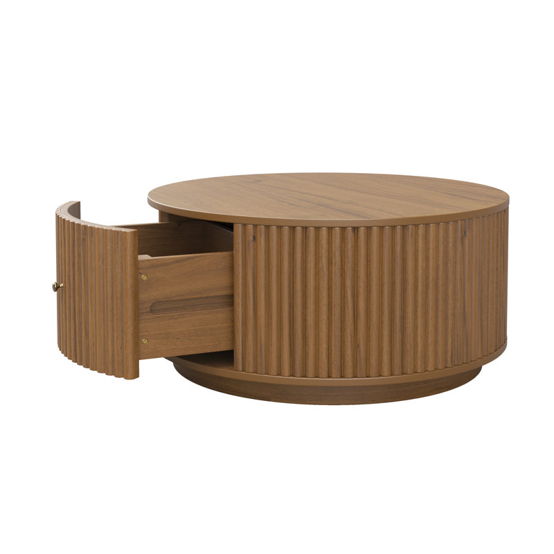 Table basse ronde cannelée avec deux tiroirs dissimulés, table basse centrale en bois massif et MDF fini noyer