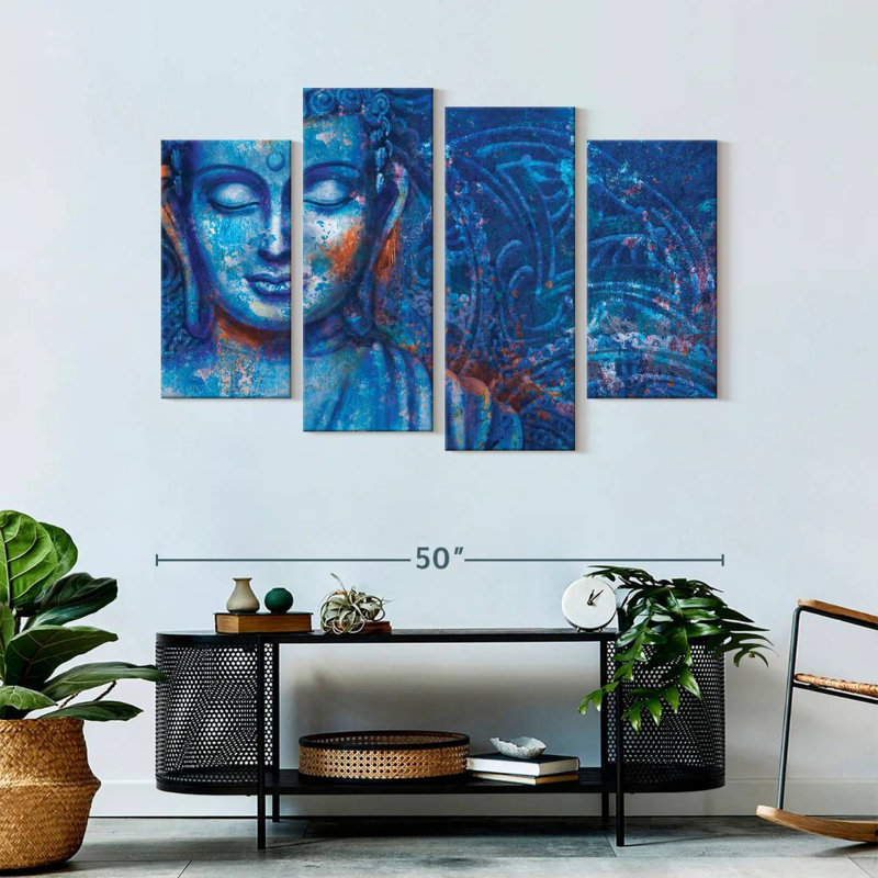 Bouddha teint en bleu Bouddha sur toile, 4 pièces, H 32 po x l 52 po x P 1 po