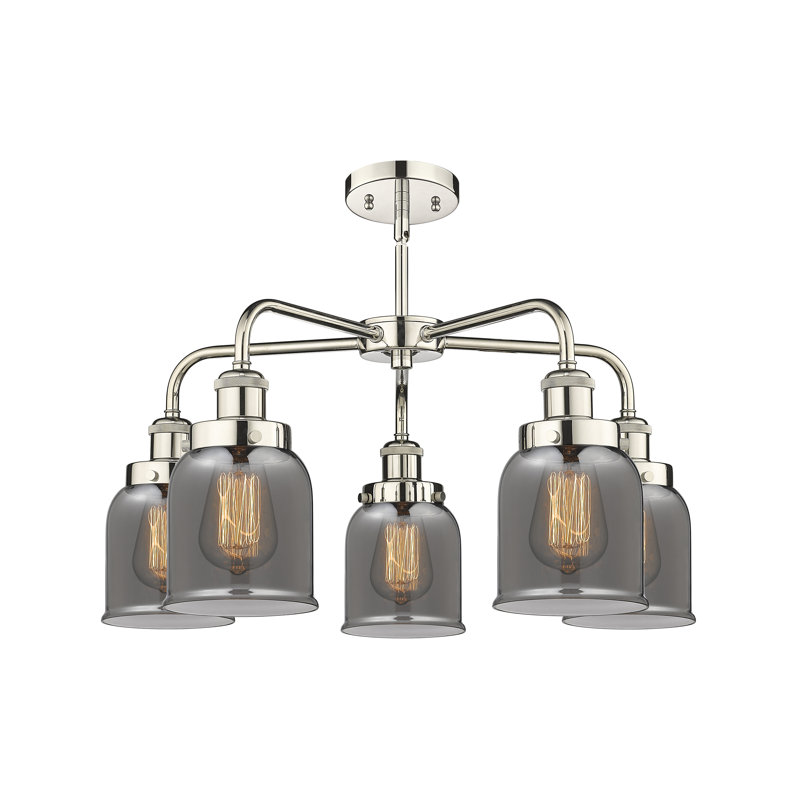 Lustre en verre à 5 lumières Bell, Plaqué couleur fumée, Nickel poli