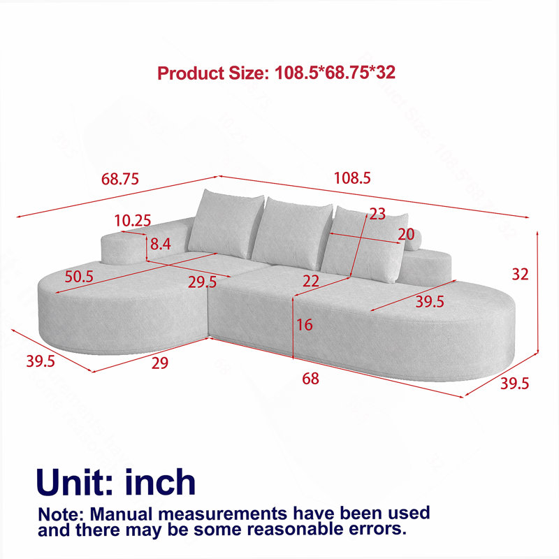Modern Curved sofa ,Chenille Upholstered Boneless Sectional Sofa Couch Set,Modular 108.5" L Shaped Sectional Living Room Sofa Set With 3 Pillows,Free Combination Sofa Couch for Living Room,Bedroom