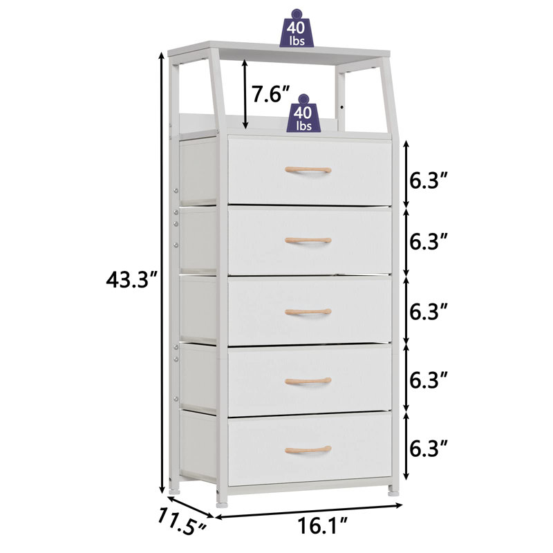 White Metal Frame 5-Drawer Fabric Nursery Dresser