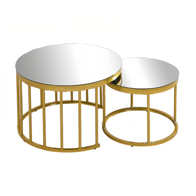 Modern Gold Nesting Coffee & Cocktail Tables Set of 2, Mirrored Glass Living Room