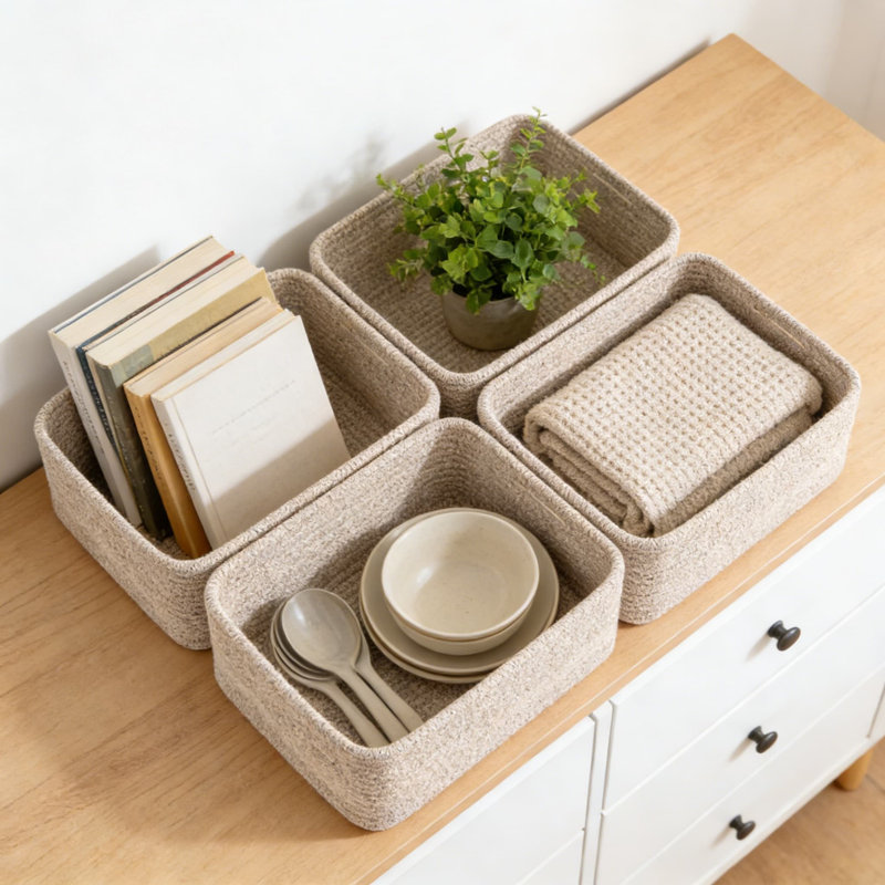 Woven Storage Baskets Set Of 4, Cotton Rope Organizer Bins For Shelves, Decorative Baskets For Living Room, Nursery, Bedroom, Books, Toys, And Clothes