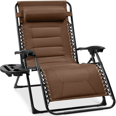  Oversized Padded Zero Gravity Chair, Folding Outdoor Patio Recliner W/ Side Tray - Brown