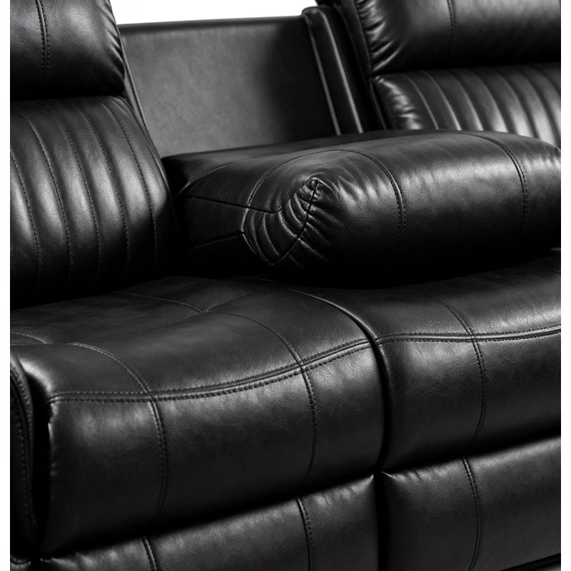 Ensemble de 2 fauteuils inclinables en similicuir brun foncé avec console centrale et porte-gobelets + causeuse entièrement assemblés
