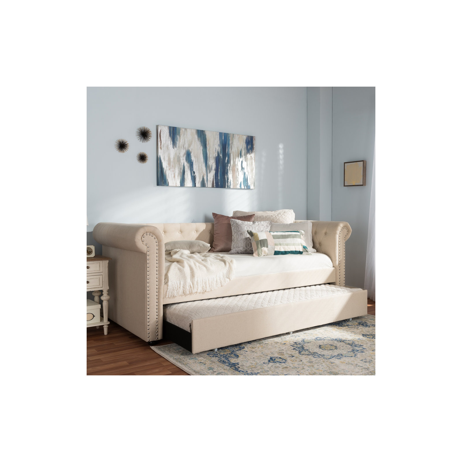 Mynard Upholstered Daybed with Trundle - Twin, Beige