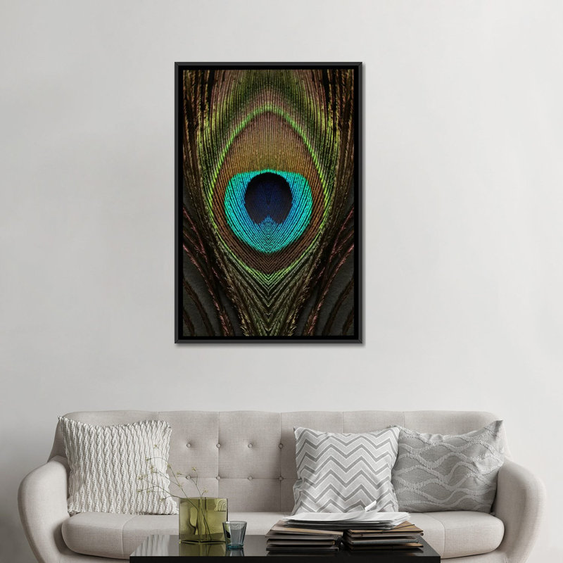 Symétrie du plumes peacock, impression sur toile, H 26 po x l 18 po x P 1,5 po, Toile avec cadre noir, Pas de tapis