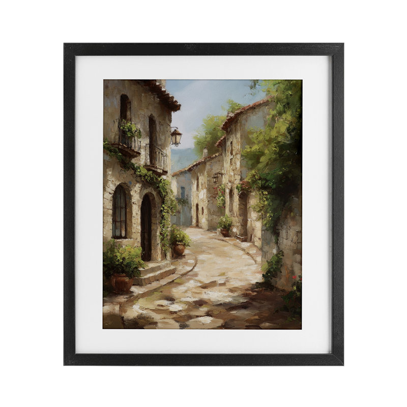 Timeless Village Pathway, impression sous verre encadrée, design par Petal Prints Design, Cadre noir minuit