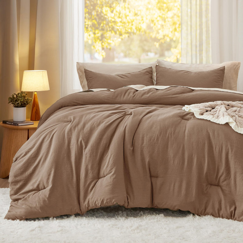 Ensemble d'édredon réversible, Édredon grand + 2 taies d'oreiller standard, Brun