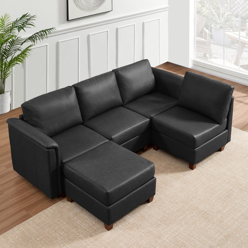 5-Piece Modern Upholstered Sectional Sofa, Gray Faux Leather, Brown Wood