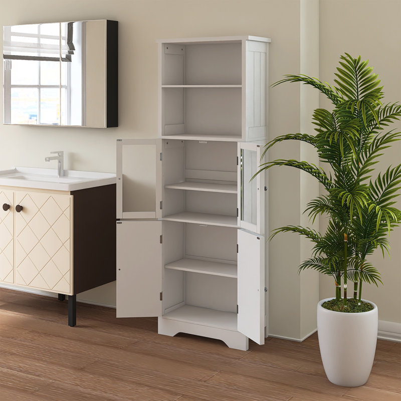 Grande armoire de rangement blanche avec tablettes et portes pour la salle de bain