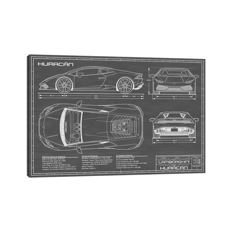 Lamborghini Huracan LP 610-4 | «Black» par Action Blueprints - impression sur toile tendue, H 18 po x l 26 po x P 1,5 po