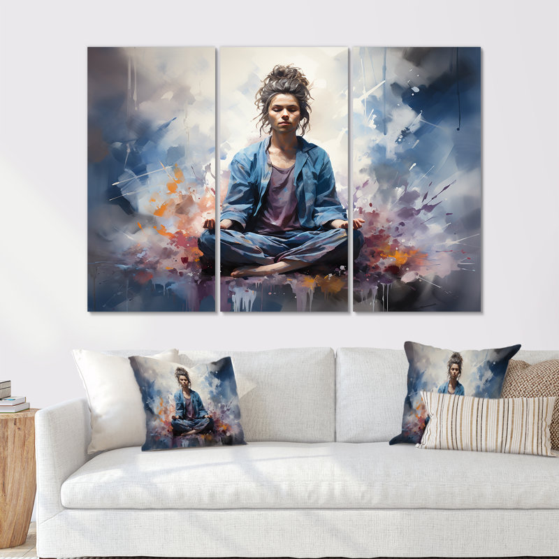Blue Pranayama Breath - ensemble de décorations murales de yoga bleu, Toile tendue, H 32 po x l 48 po