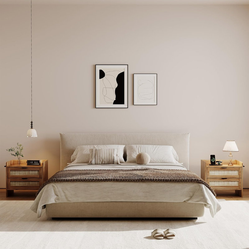Ensemble de 2 tables de chevet en rotin, table de chevet Boho avec station de charge USB et tiroirs de rangement, table de bout ou table d'appoint pour chambre à coucher, bureau, salon