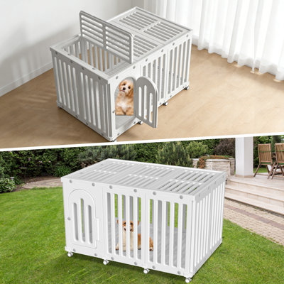 Dog Playpen With Door & Cover Top, Fence Panel Puppy Playpen, Room Dog Crate, Pet Playpen For Small & Medium Dogs, Puppy Play Pen For Indoors & Outdoor (50" L X 35" W X 30" H)
