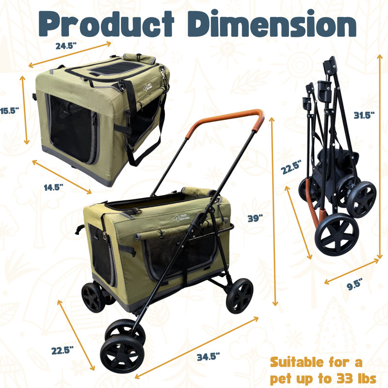 Pet Stroller Foldable Travel Crate With Detachable Carrier For Small And Medium Dog And Cat