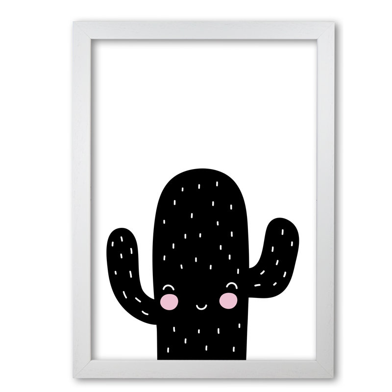 Black Scandi Cactus - Painting, 42 cm H x 30 cm W x 5 cm D, White Grain Frame